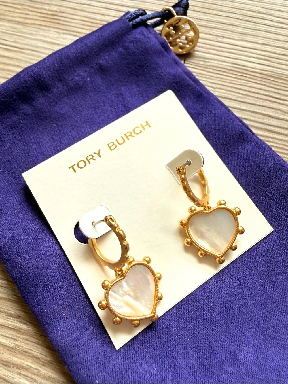 FINAL PRICE New Tory Burch White Mother of Pearl Gold Tone Heart Drop Earrings